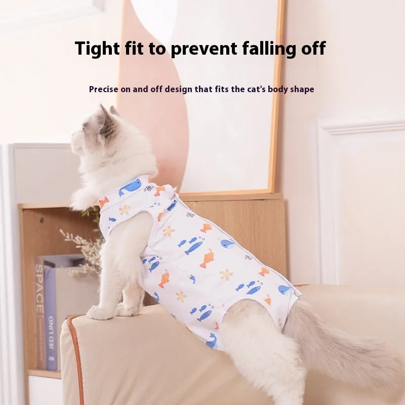 Cat wearing a lightweight polyester sterilisation recovery suit with Velcro fastening on its side.