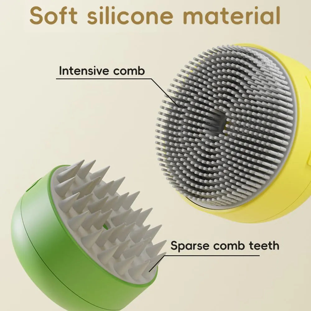 Green and yellow rechargeable pet steam brush with silicone bristles for cat and dog grooming