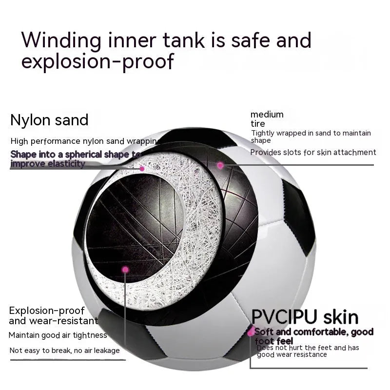 PVC machine seam training football in sizes 3, 4, and 5 on a field.