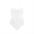 Black women's suspender style one-piece swimsuit on a mannequin, showing slim fit and high waist design.