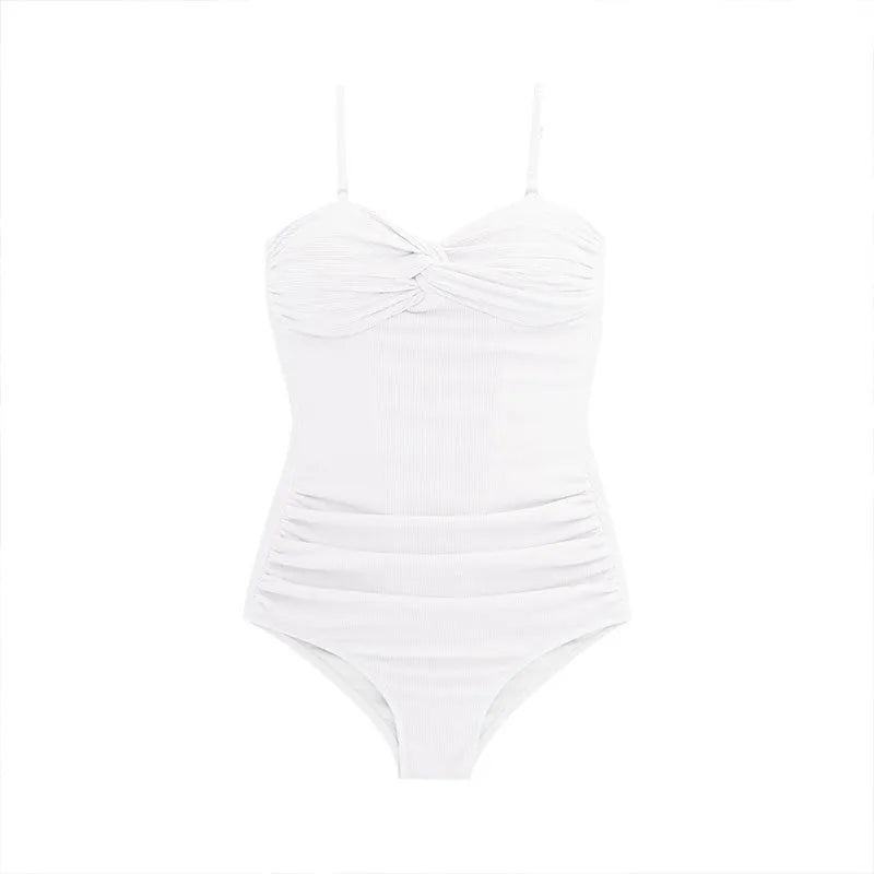 Black women's suspender style one-piece swimsuit on a mannequin, showing slim fit and high waist design.