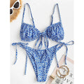 Printed multi-rope banded bikini for women pullover style lapel collar short sleeves polyester blue pink