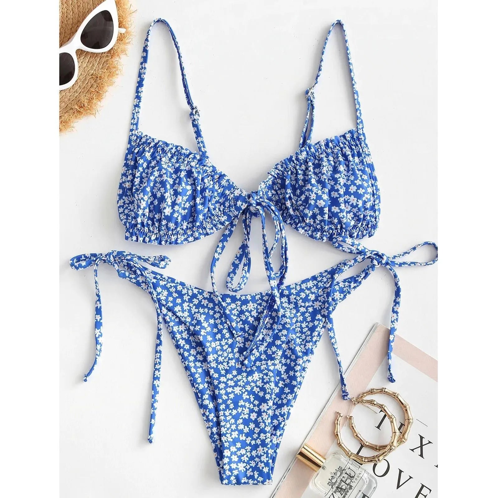 Printed multi-rope banded bikini for women pullover style lapel collar short sleeves polyester blue pink