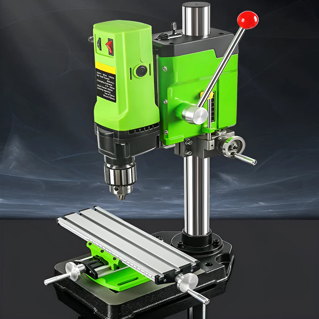 Bench-mounted drilling and milling machine with motor, chuck, and adjustable work table.