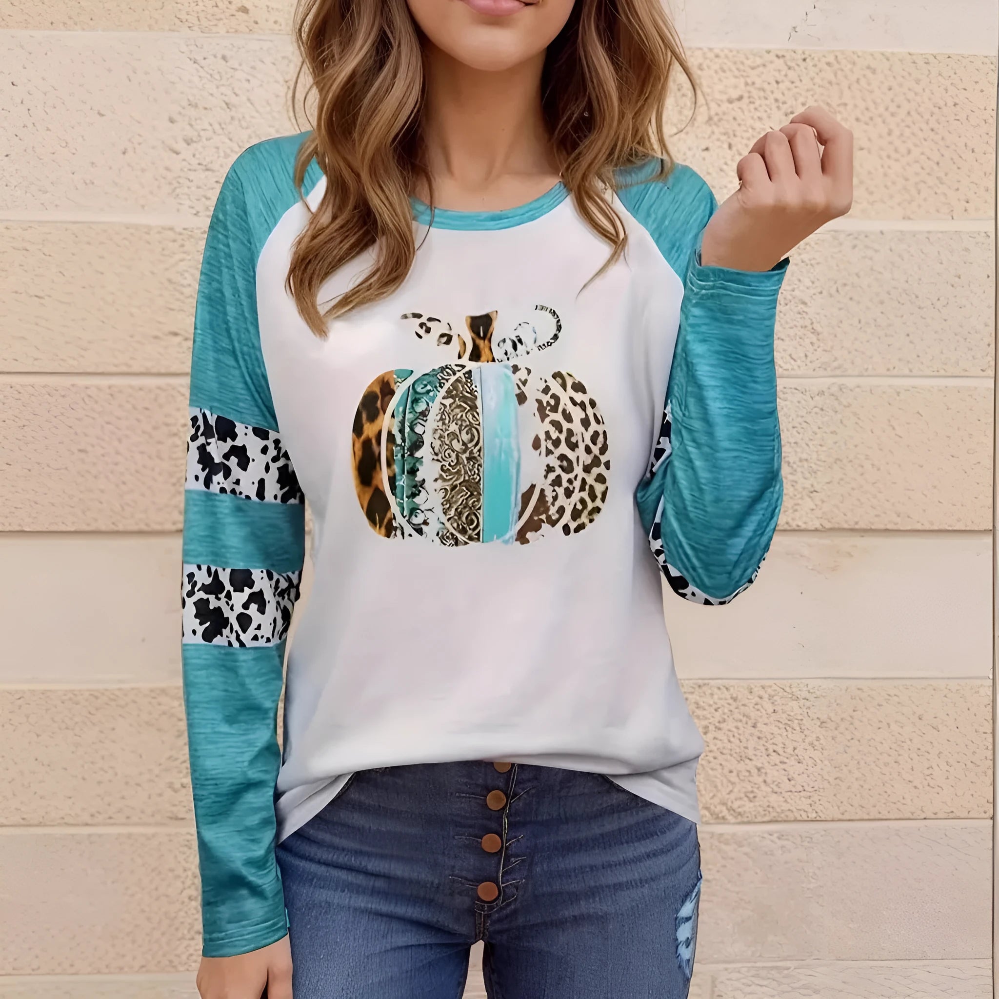 Sky blue Halloween T-shirt with detailed pumpkin digital print showing front view