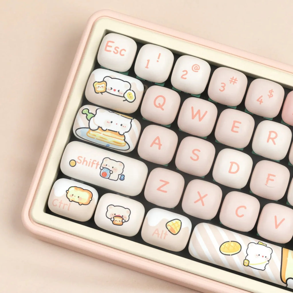 PBT mechanical keyboard keycap set with colourful bread bear cartoon design using thermal sublimation printing
