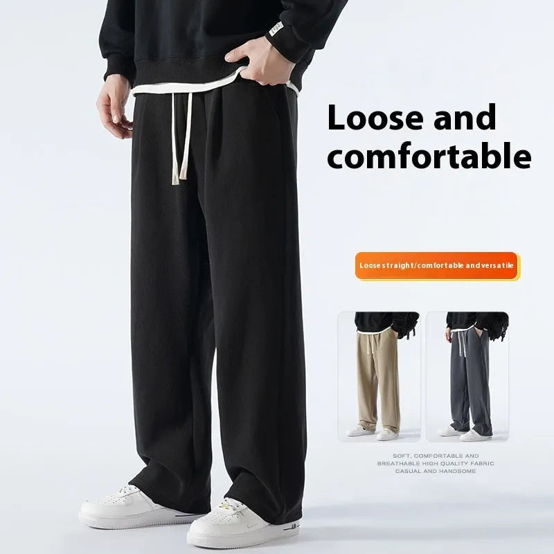 Men's apricot fleece-lined loose sports casual pants with drawstring waist