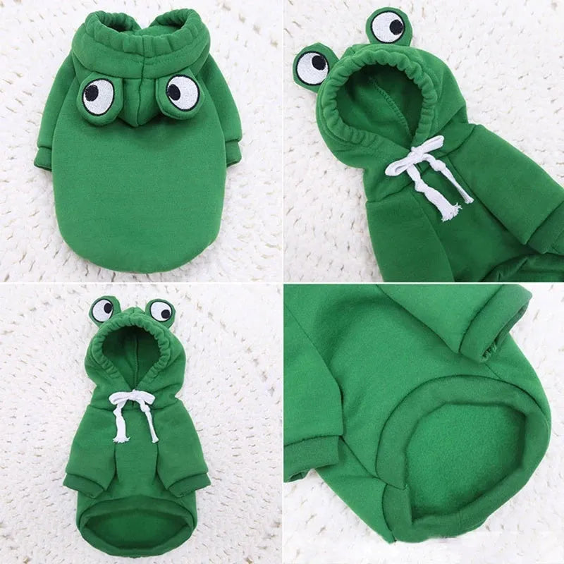 Green frog pattern hoodie for a small dog, showing hood with pointed ears and front pocket.