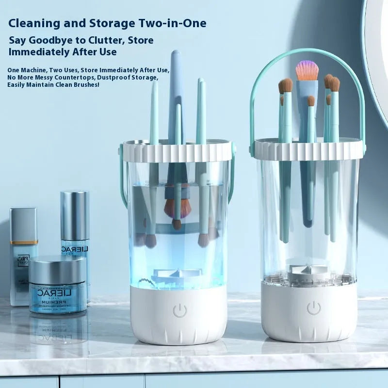 White plastic electric makeup brush cleaner with rechargeable battery and USB cable
