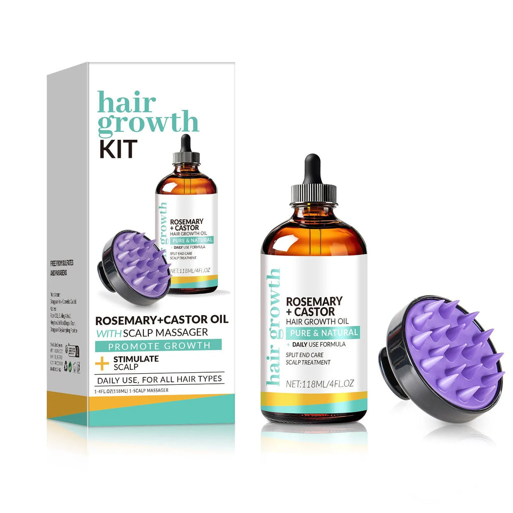 Hair treatment oil bottle with bright yellow liquid and included massage brush
