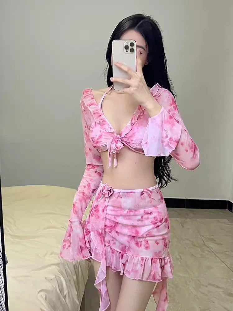 Women's floral bikini swimsuit set in cherry blossom pink colour with sizing chart