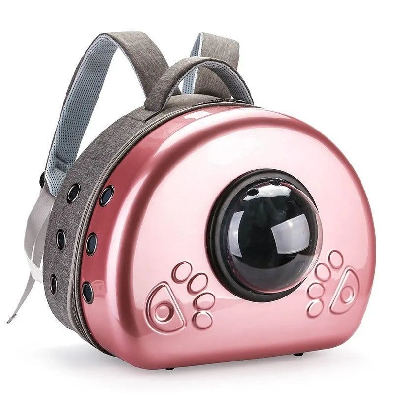 Transparent space capsule design cat carrier backpack with mesh panels in a metallic colour
