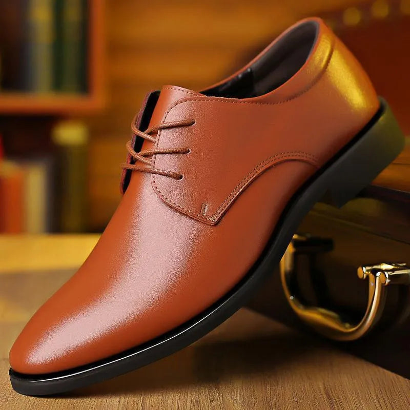 Men's leather business formal shoes with pointed toe and PVC sole in black and brown colour options, sizes 38-46