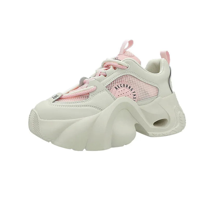 Women's casual thick bottom sneakers with cross strap detail and mid-heel in pink black or beige artificial PU