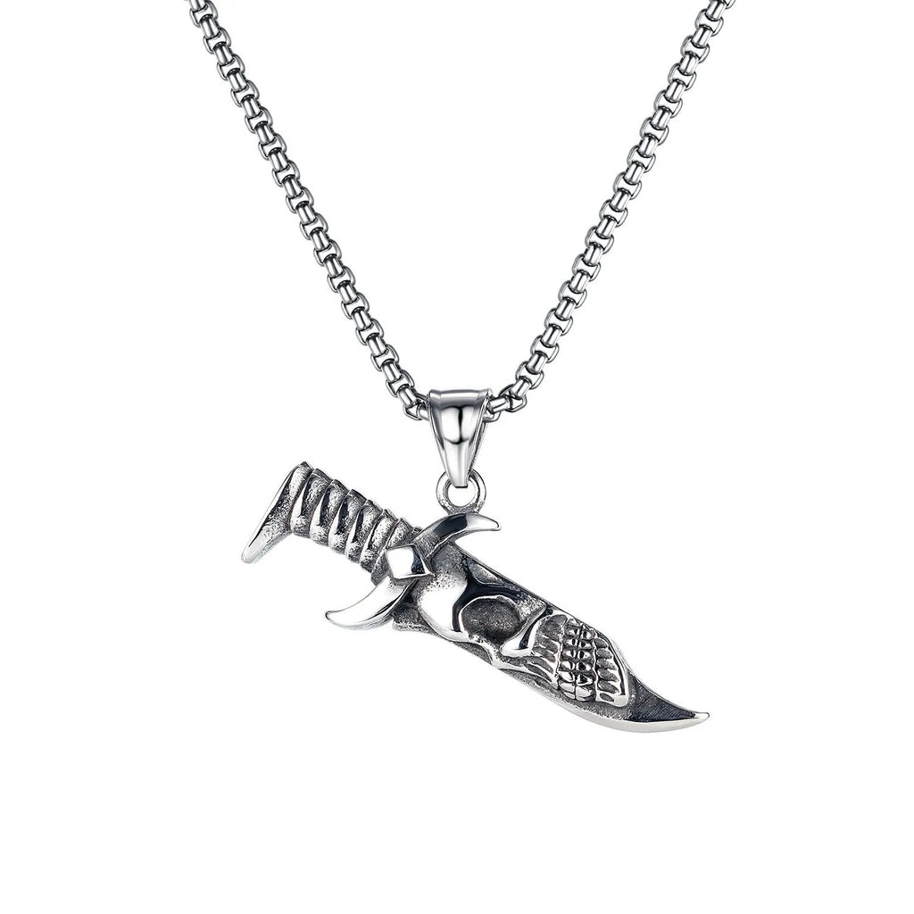 Men's silver skull necklace with stainless steel chain and alloy pendant in six design variations.