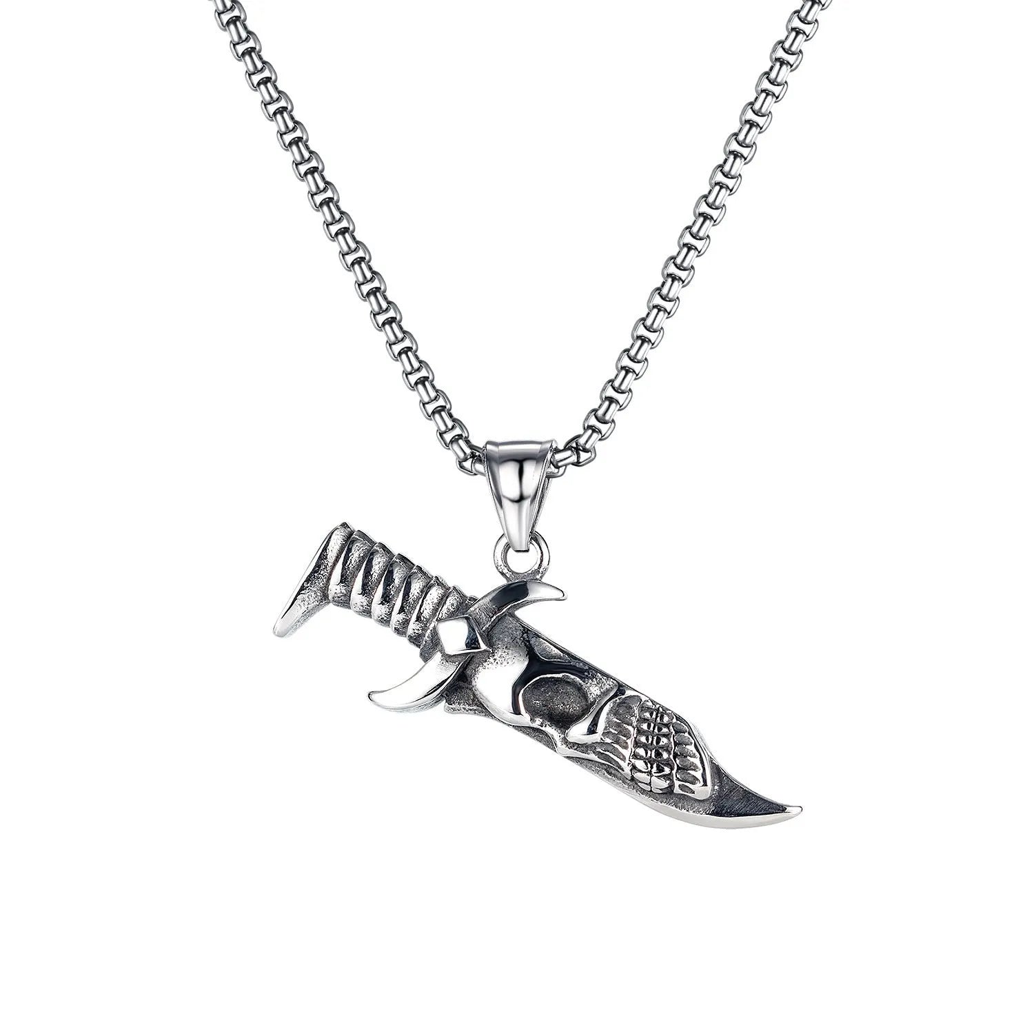 Men's silver skull necklace with stainless steel chain and alloy pendant in six design variations.