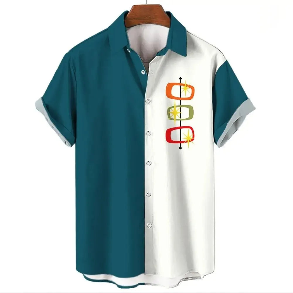 Men's tropical stripe Hawaiian shirt with short sleeves and button front in elastic polyester fabric