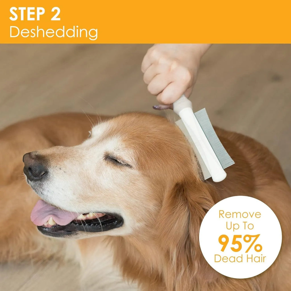 White 2-in-1 pet grooming brush showing comb side and deshedding blade side.