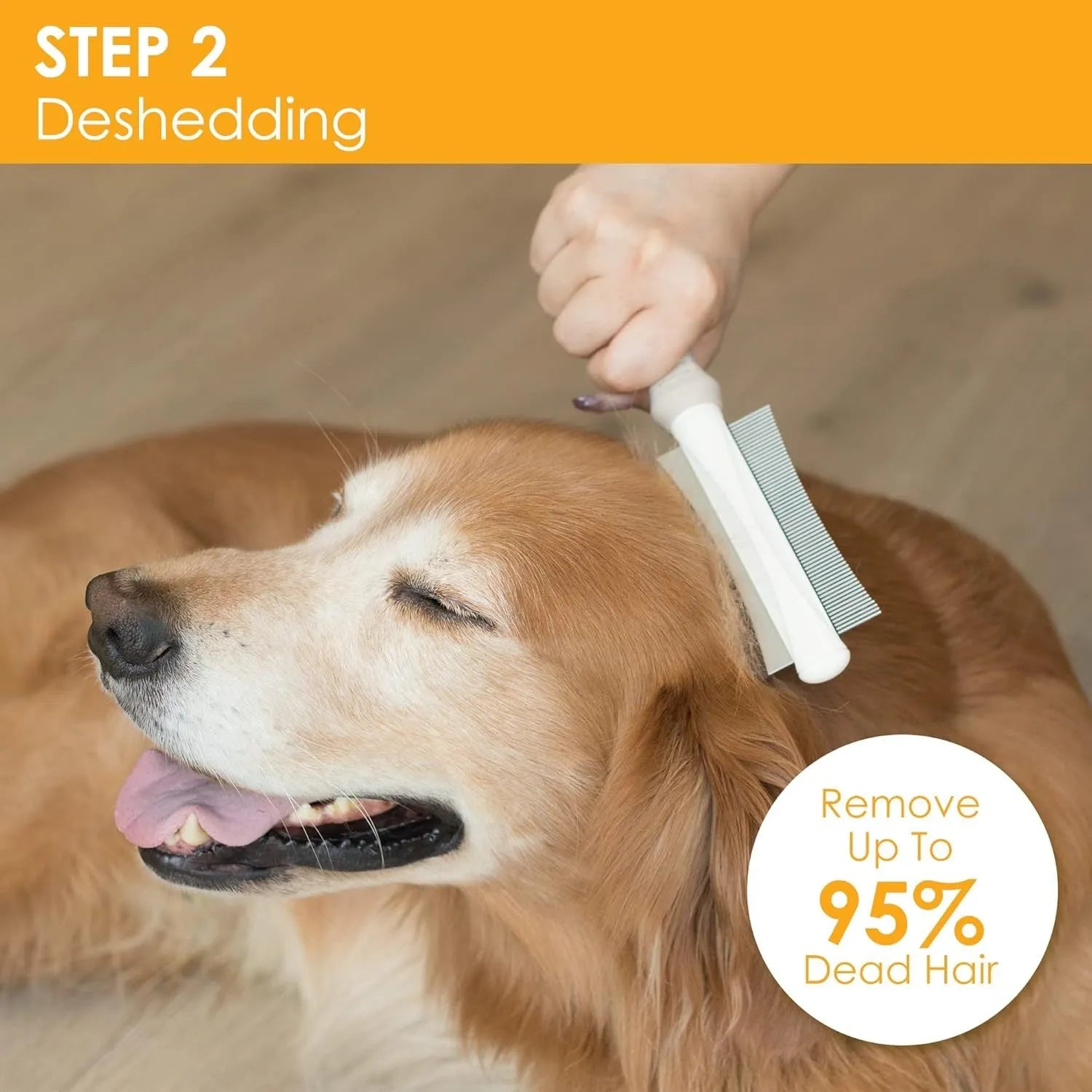 White 2-in-1 pet grooming brush showing comb side and deshedding blade side.