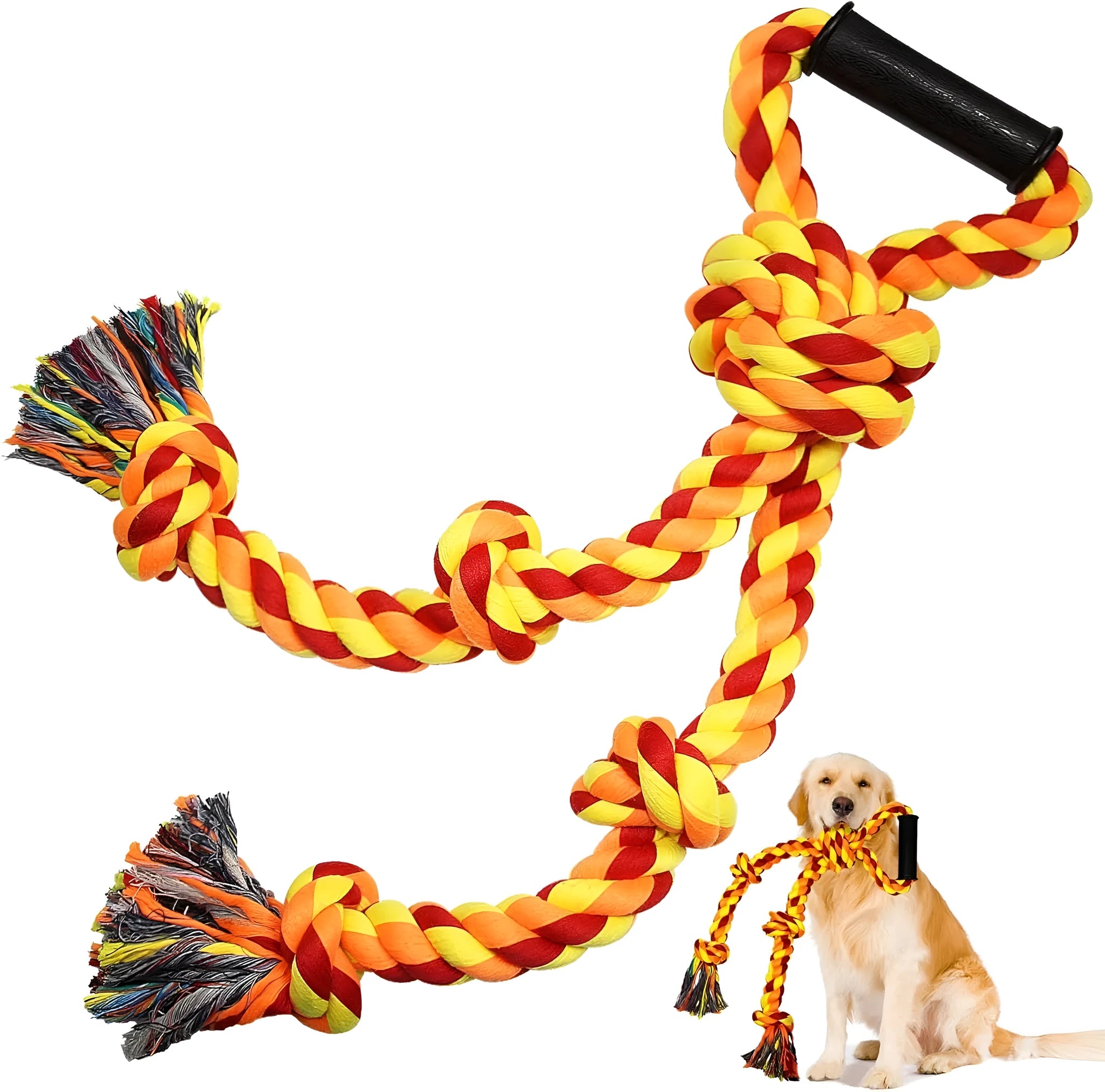 Blue and yellow heavy-duty cotton rope tug toy for large dogs with a sturdy handle.