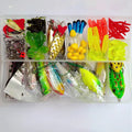 142-piece fishing lure set showing metal and plastic baits with sequins alongside fishing pliers