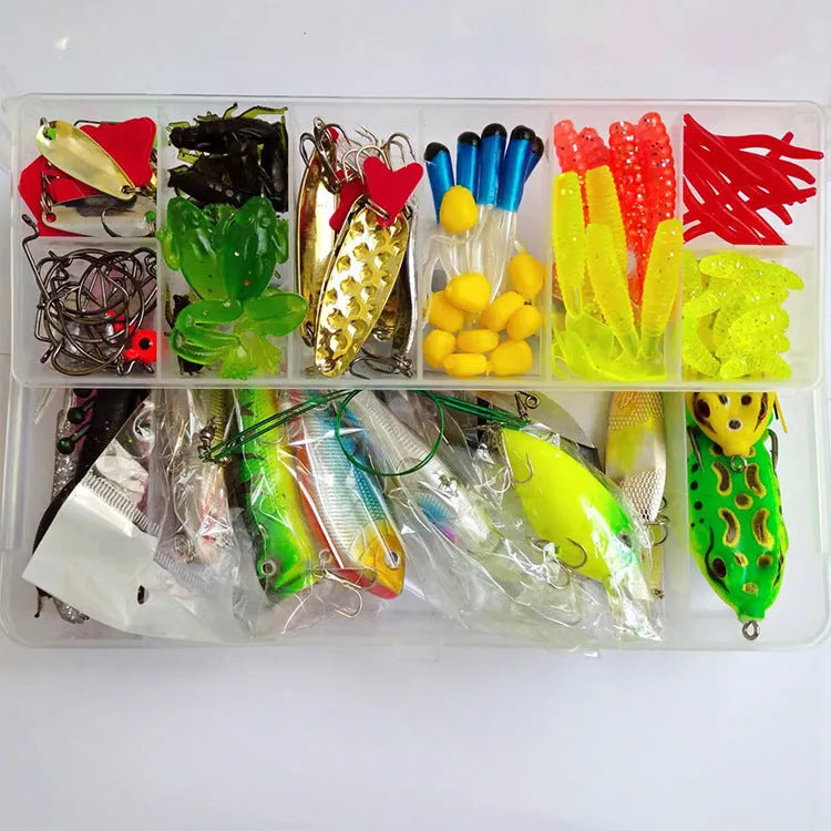 142-piece fishing lure set showing metal and plastic baits with sequins alongside fishing pliers