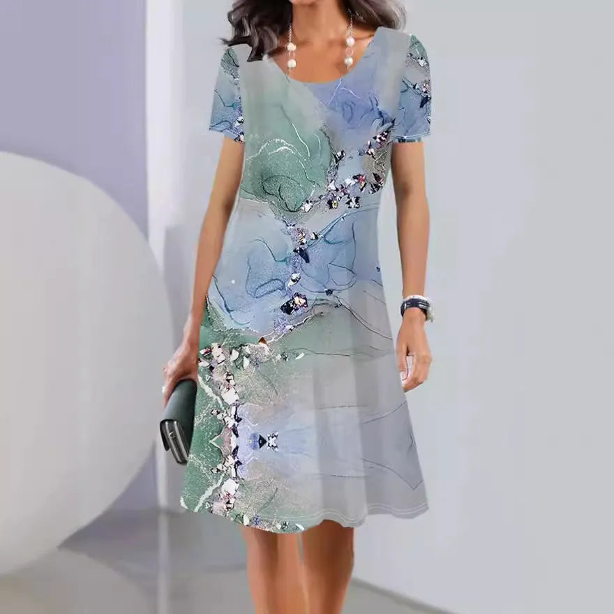 Women's floral print mid-length dress in ice silk fabric with short sleeves and round neck