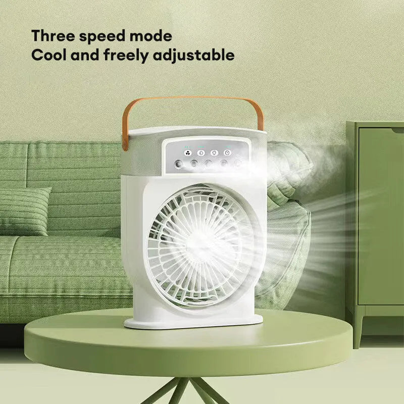 Portable USB air conditioner cooling fan with 5 spray mist outlet, 600ml water tank, 7 colour LED lights, and leather handle in white