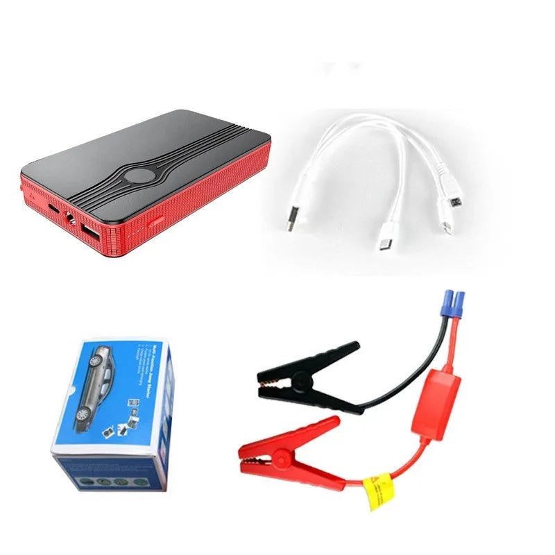 Red K4-E automobile emergency starting power supply unit with data cable, showing compact dimensions