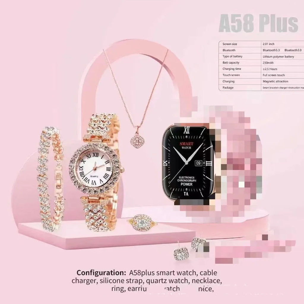 A58Plus or A59Plus smart watch on wrist showing TFT touch screen, with head strap and charger.
