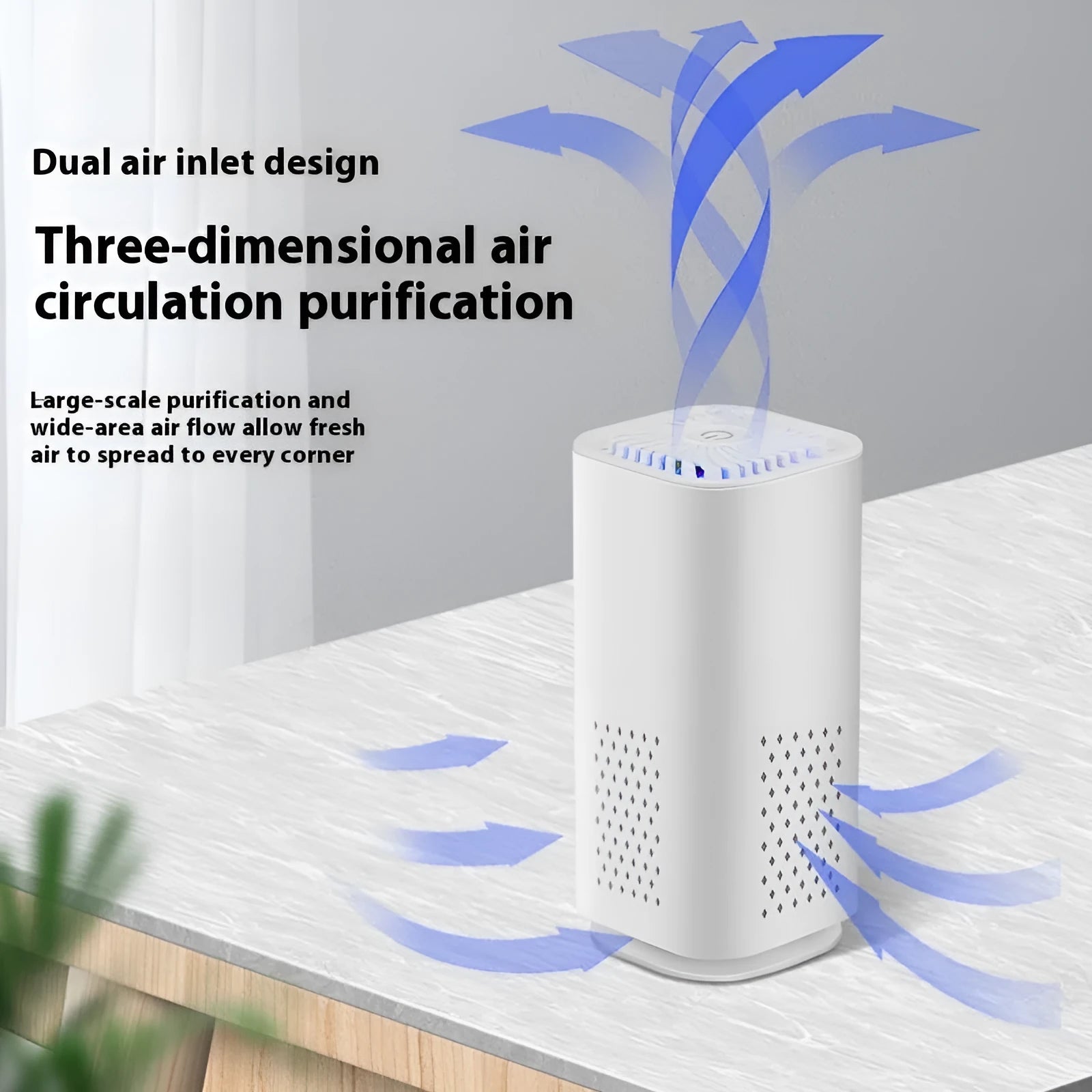Mini USB air purifier in black and white colours for car and small room use