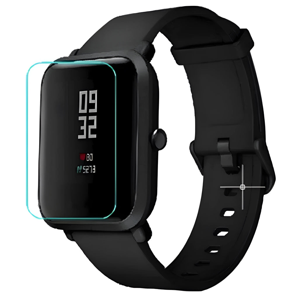 Amazfit Bip S smartwatch with clear TPU hydrogel screen protector applied, showing anti-scratch film pack.