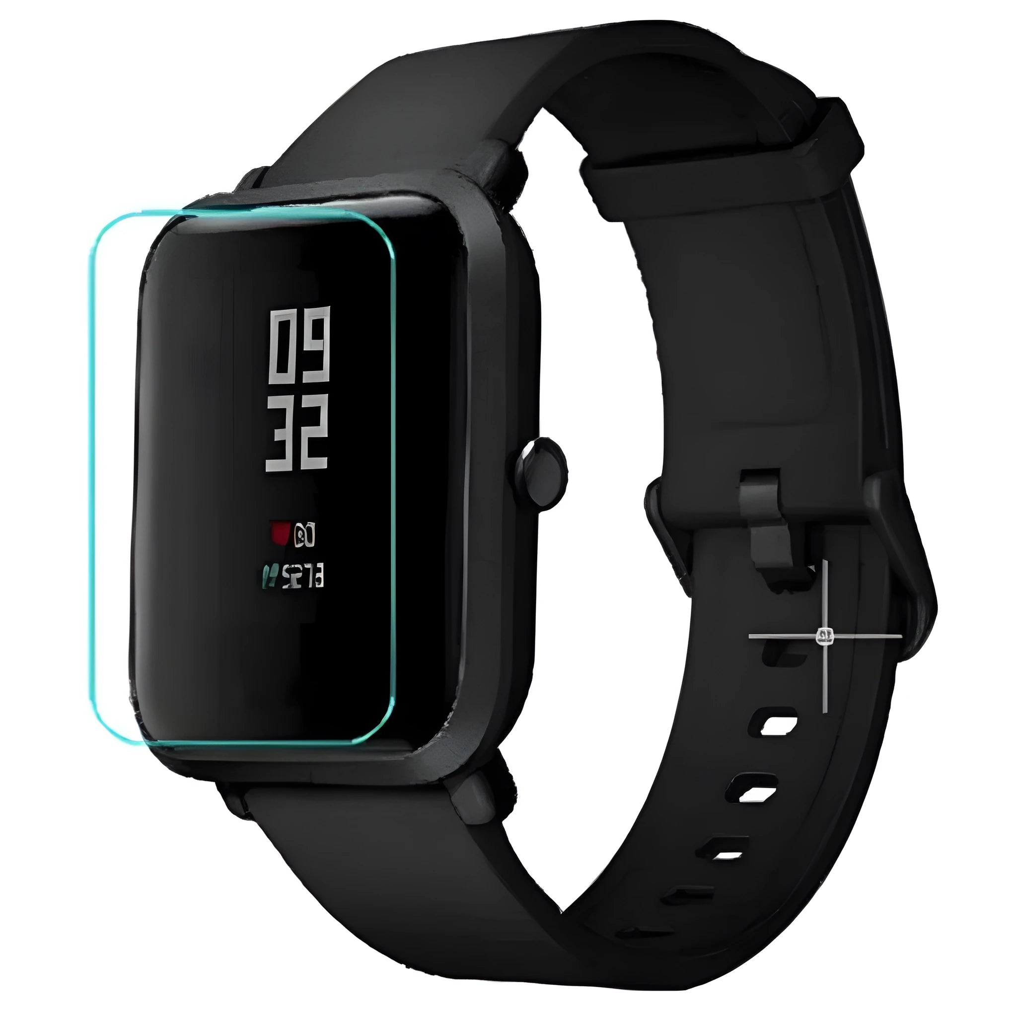 Amazfit Bip S smartwatch with clear TPU hydrogel screen protector applied, showing anti-scratch film pack.