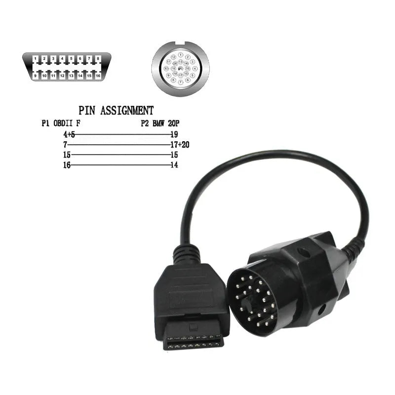 BMW OBD2 diagnostic adapter cable showing 20-pin connector and standard 16-pin OBD2 connector