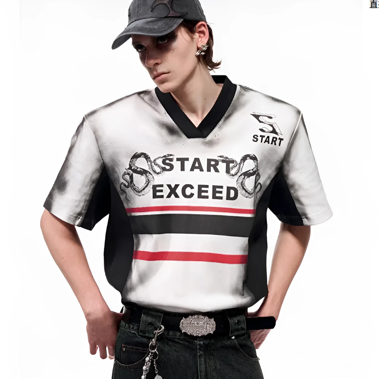 Korean style V-neck top with snake pattern lettering print and padded shoulder details