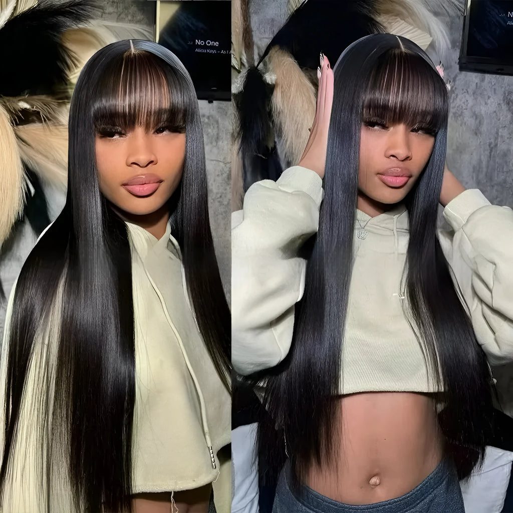 Natural colour human hair full lace wig on a mannequin head, showing long length and full density.
