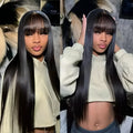 Natural colour human hair full lace wig on a mannequin head, showing long length and full density.