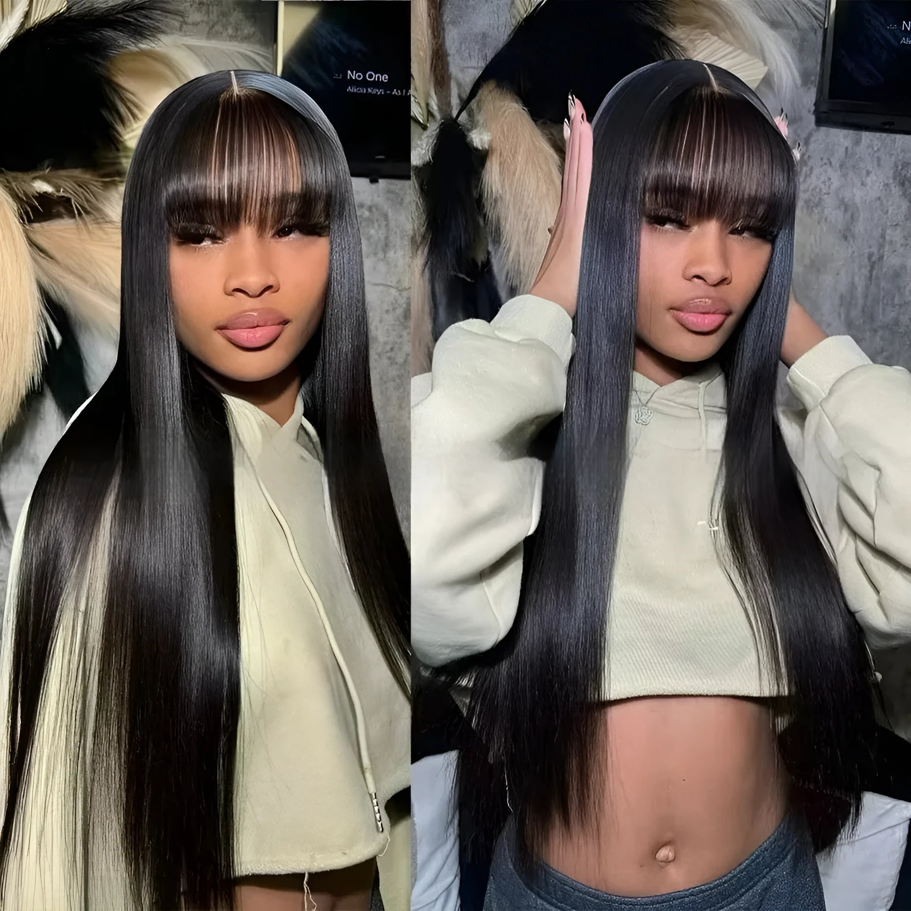 Natural colour human hair full lace wig on a mannequin head, showing long length and full density.