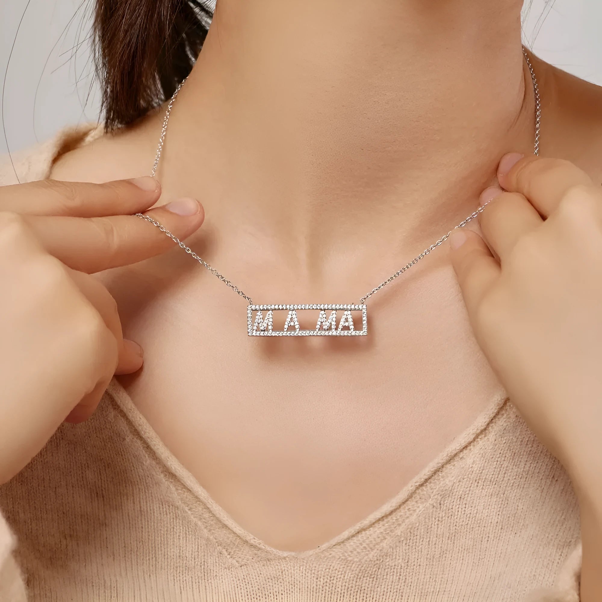 Women's 925 silver MAMA letter necklace with inlaid zircon stones, gold finish, simple style