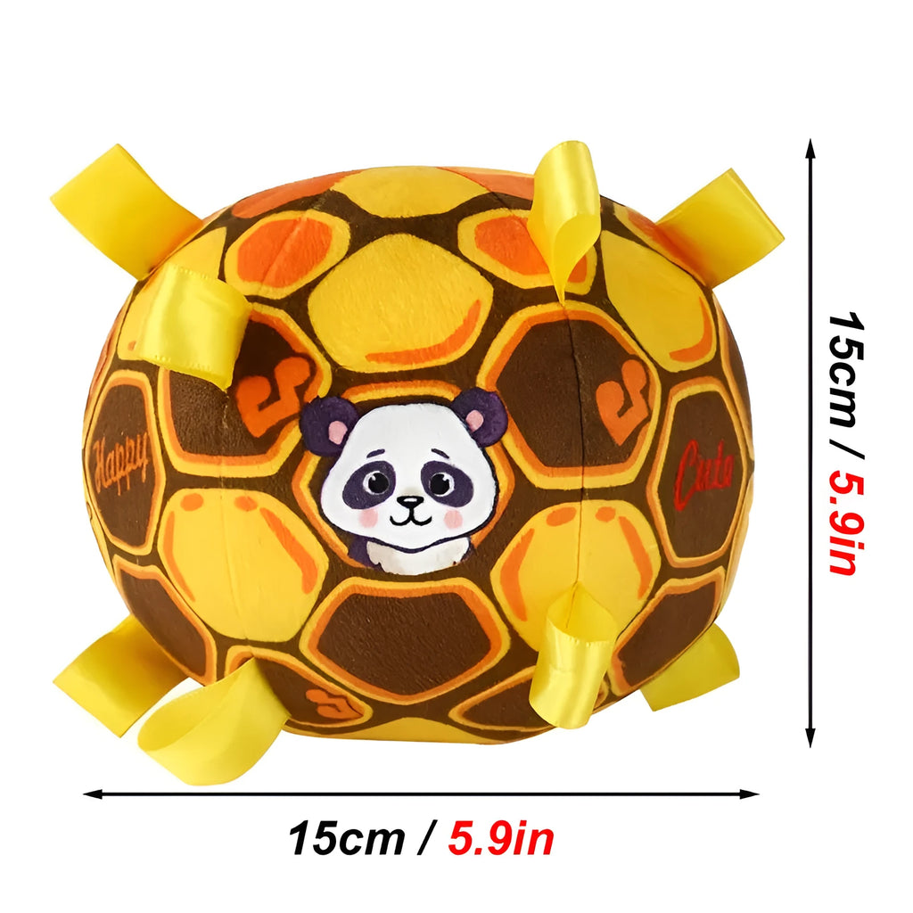 Green interactive ball dog toy with plush handle and built-in bell for aggressive chewers