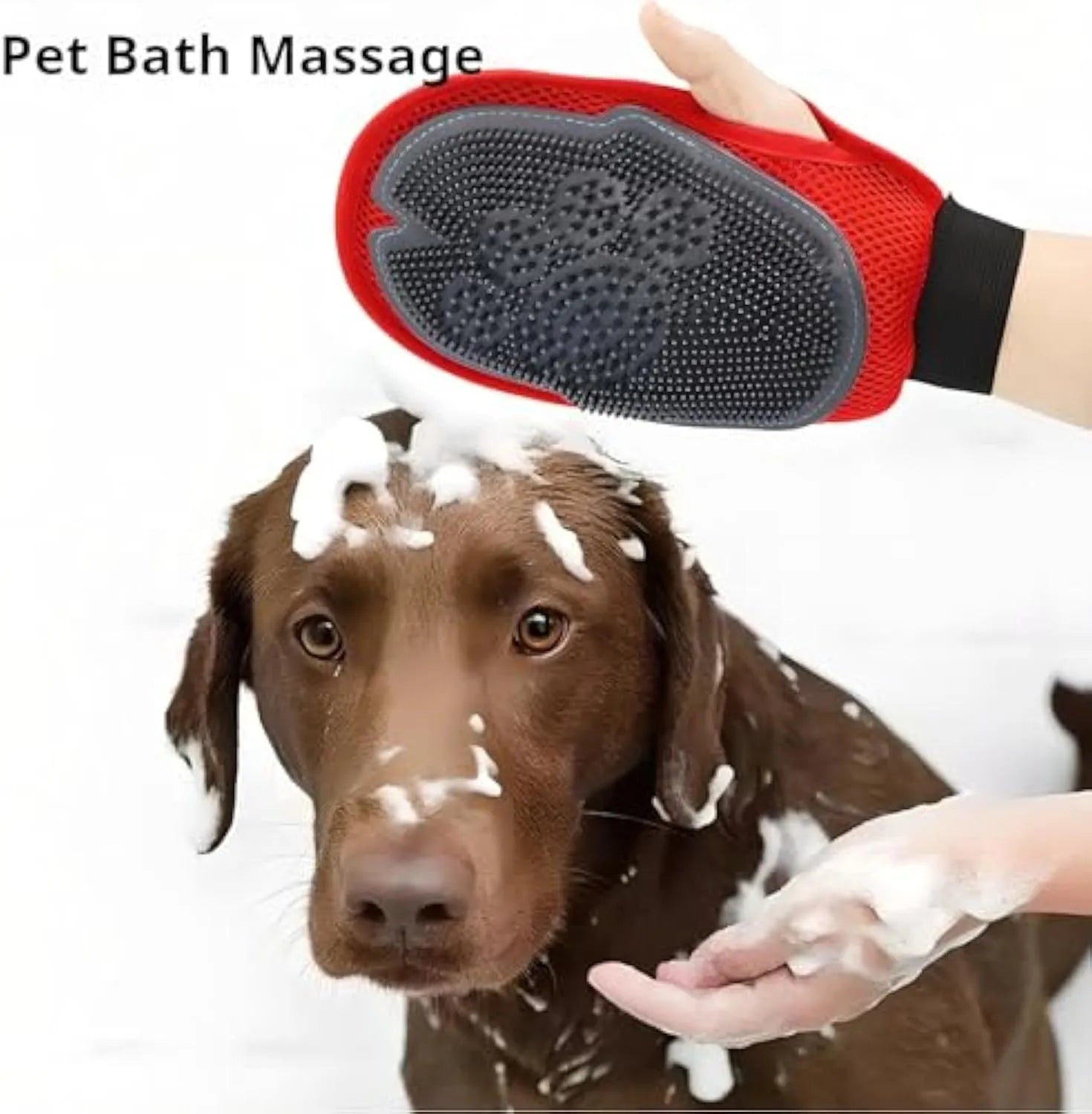 Red pet bathing glove combining brush and glove design for dog and cat grooming