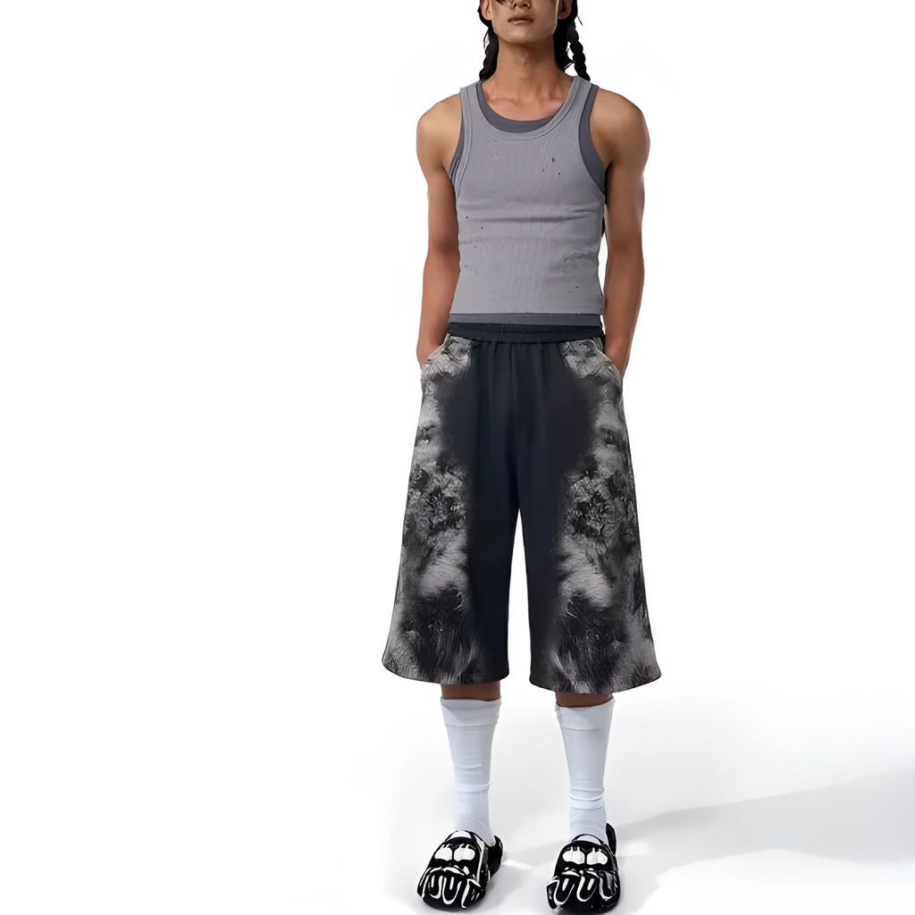 Printed loose trousers set with hoodie and seven-inch pants in polyester streetwear