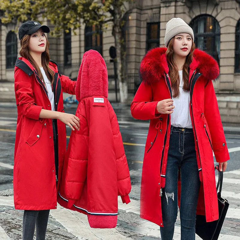 Women's long cotton-padded fleece trench coat in six colours with 100cm length