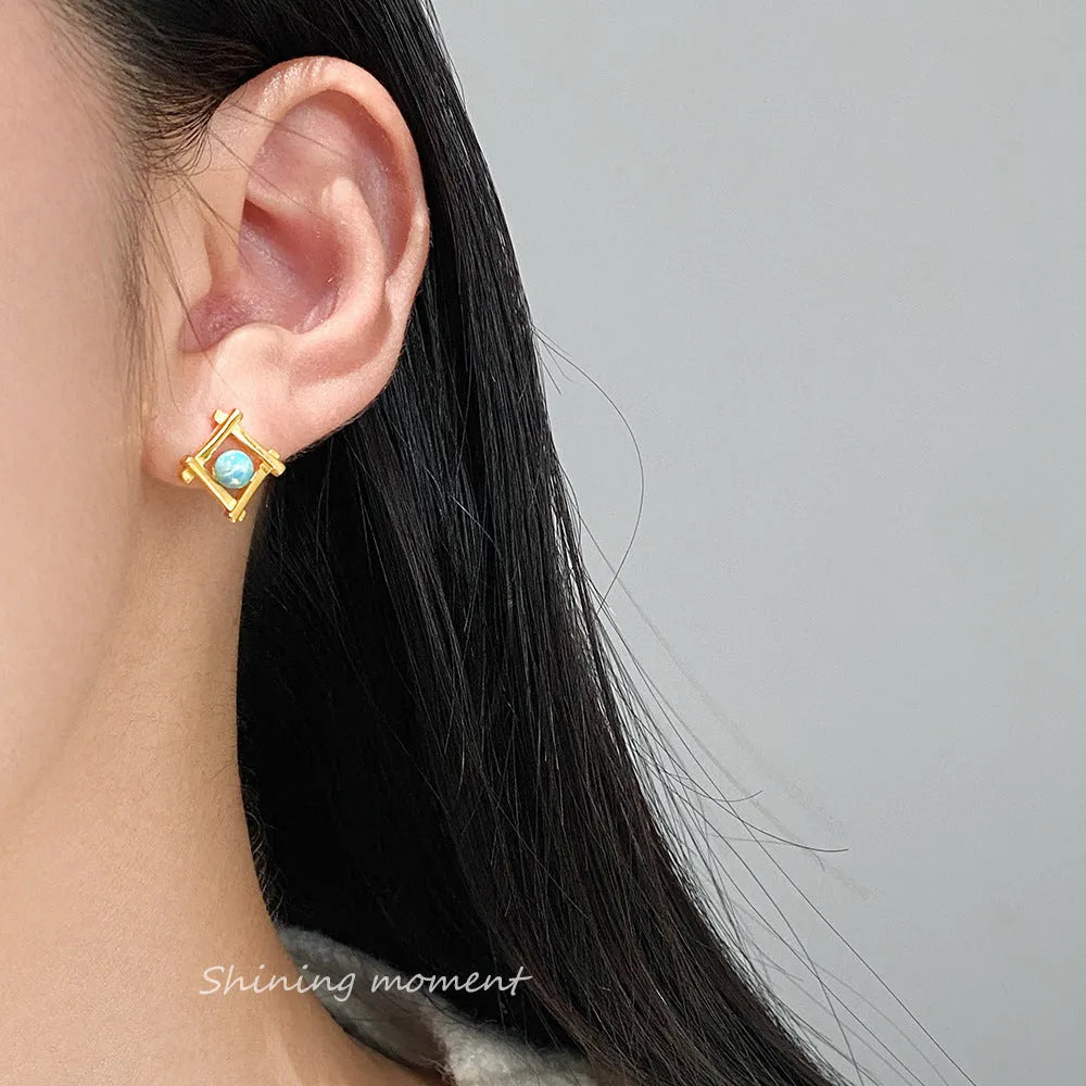 Women's geometric cross quadrangle stud earrings in sterling silver with gold or silver finish