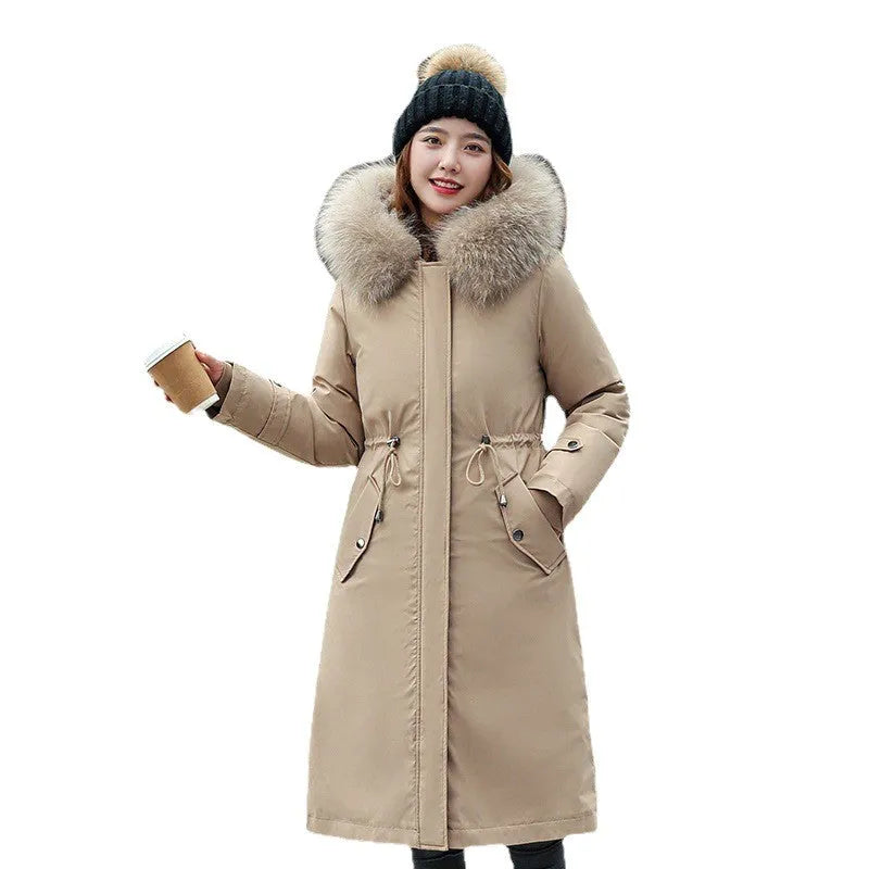 Women's long cotton-padded fleece trench coat in six colours with 100cm length