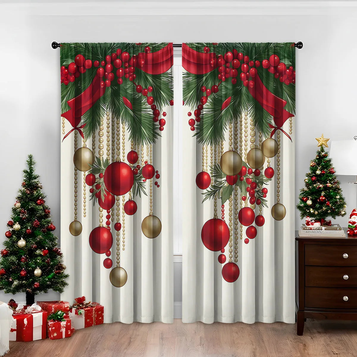 Pair of 3D digitally printed Christmas curtains with a European pattern on polyester fabric.
