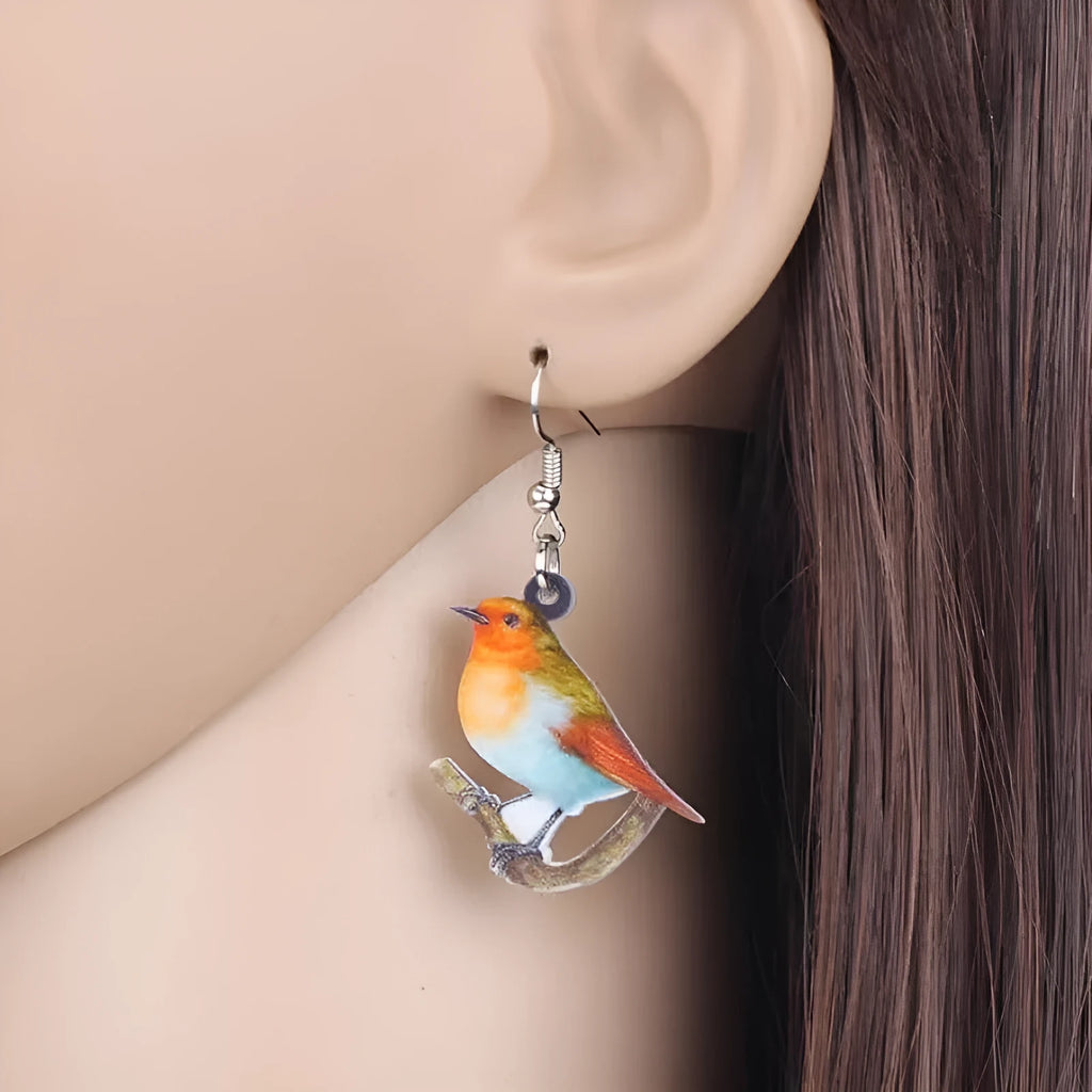 Acrylic Blue Titmouse animal modelling geometric pendant earrings with printed snake elements