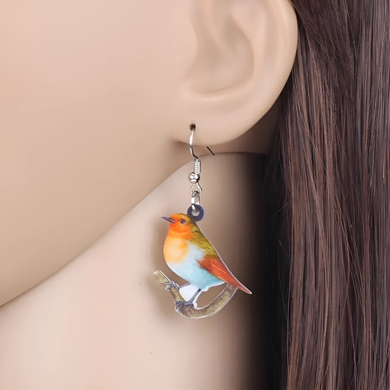 Acrylic Blue Titmouse animal modelling geometric pendant earrings with printed snake elements