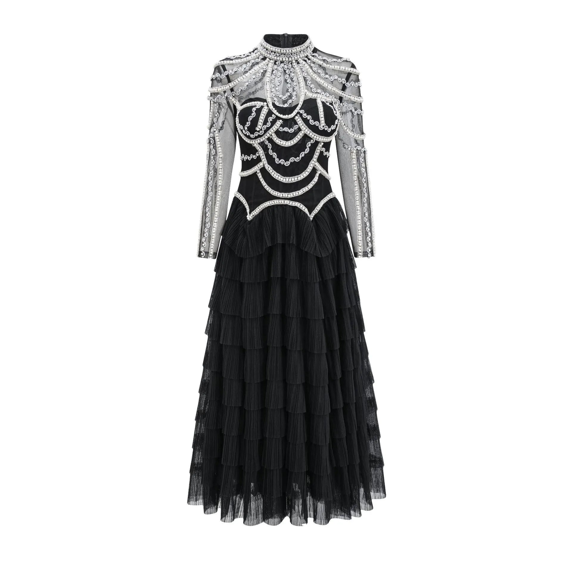 Women's black beaded long sleeve formal dress with floor-length skirt