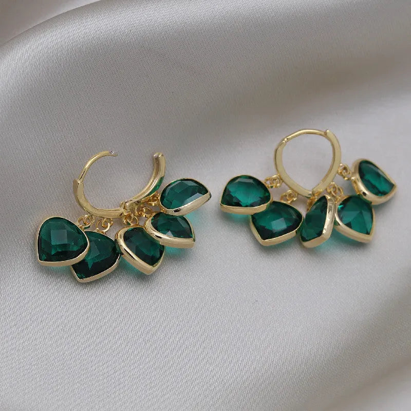 Korean style green heart pendant glass ear clip earrings with artificial gemstone detailing
